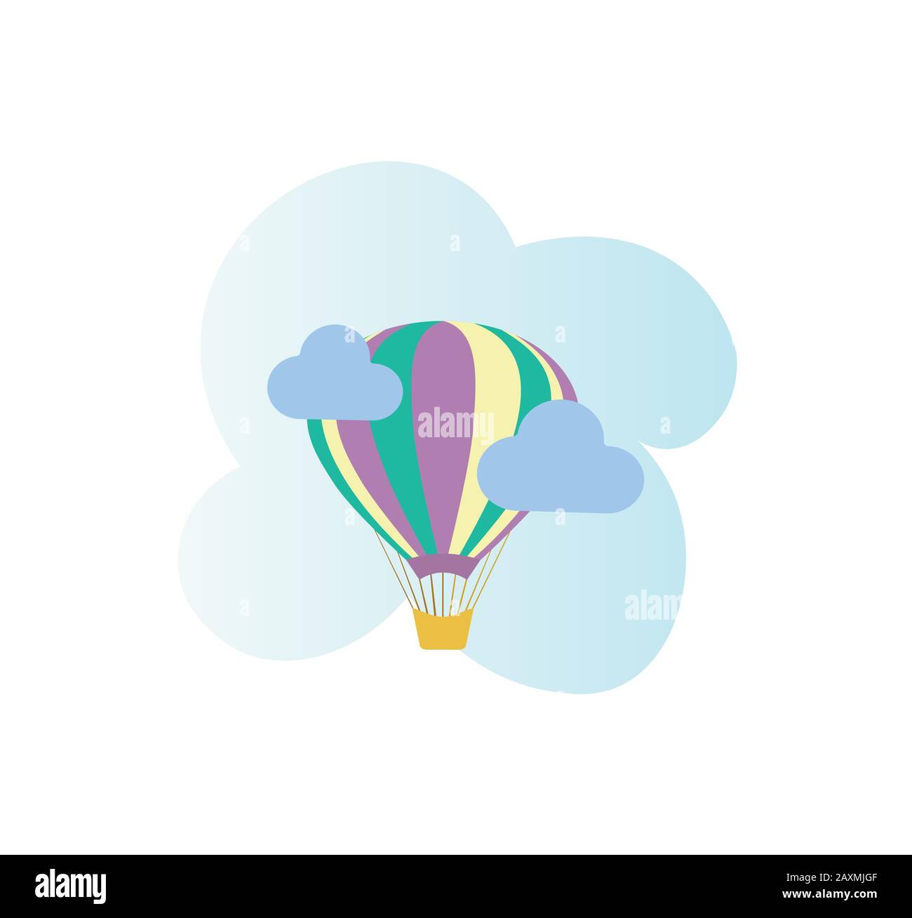 Beautiful flat balloon icon - adventure. Balloon and clouds on gradient background - beautiful children`s vector illustration Stock Vector